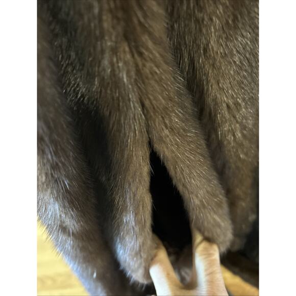 Mink Fur Coat Size L/XL dark brown cuffs ,wide collar print lining euc SEE MEASU - Picture 15 of 16